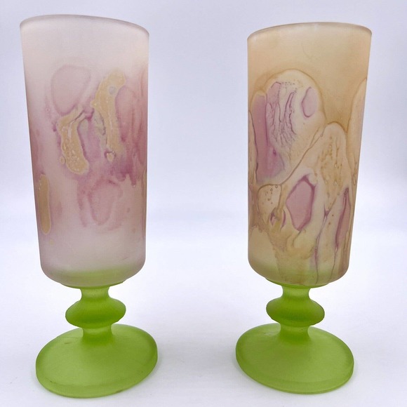 Satin Art Glass Champagne Flutes 2 Painted Frosted Green Textured Stems Cordial - Picture 2 of 6